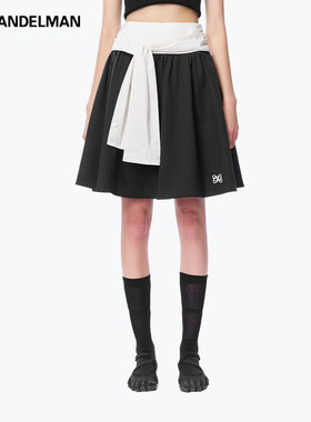 ANN ANDELMAN官方直营 黑色a字高腰百褶裙短裙女拼色腰头绑带半裙