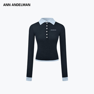 显瘦 假两件毛织上衣修身 ANN ANDELMAN官方直营撞色polo翻领针织衫