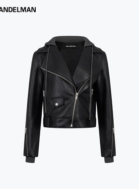 ANN ANDELMAN官方直营 黑色皮衣女秋冬痞帅卫衣帽假两件机车夹克