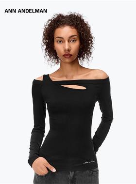 ANN ANDELMAN官方直营 黑色镂空一字肩设计感上衣紧身解构长袖T恤