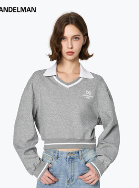 ANN ANDELMAN2025秋季新品灰色棉质短款卫衣polo领简约刺绣上衣