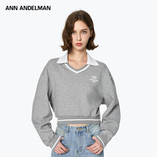 灰色棉质短款 新品 卫衣polo领简约刺绣上衣 ANDELMAN2025秋季 ANN