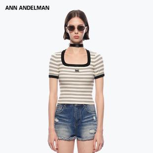 女百搭显瘦通勤T 方领条纹针织短袖 ANN ANDELMAN官方直营早秋新款