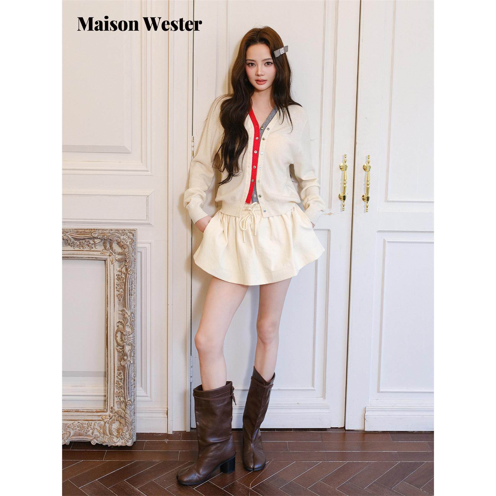 Maison Wester2025冬季新品米白红灰条拼色假两件开衫,女装/女士精品,毛针织衫,淘宝优惠券,粉丝福利购,淘宝优惠卷
