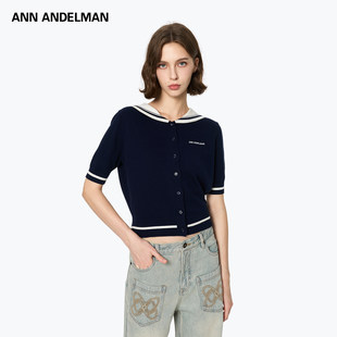 针织短袖 ANN 条纹间色毛织开衫 女装 水手服上衣 ANDELMAN早秋新款
