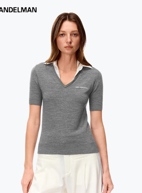 【明星同款】ANN ANDELMAN灰色针织短袖上衣拼衬衫领V领套头衫