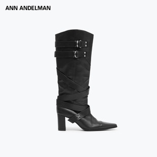 ANDELMAN黑色长筒靴尖头细跟高跟机车时装 ANN 靴子 陈粒同款