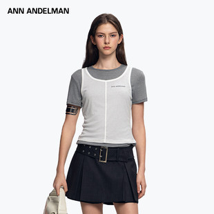 ANDELMAN拼色设计感套头短袖 ANN T恤假两件针织上衣 明星同款