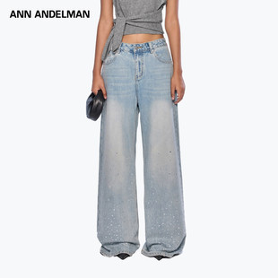ANN ANDELMAN官方直营蓝色直筒阔脚微喇休闲长裤设计感烫钻牛仔裤