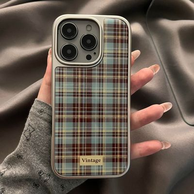 复古格纹电镀滴胶银边软壳