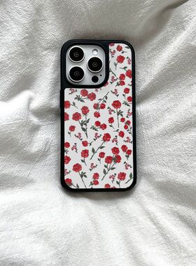复古小红花ins亚克力黑边适用苹果iPhone16promax手机壳15pro小米14Pro保护套华为mate防摔三星S23荣耀