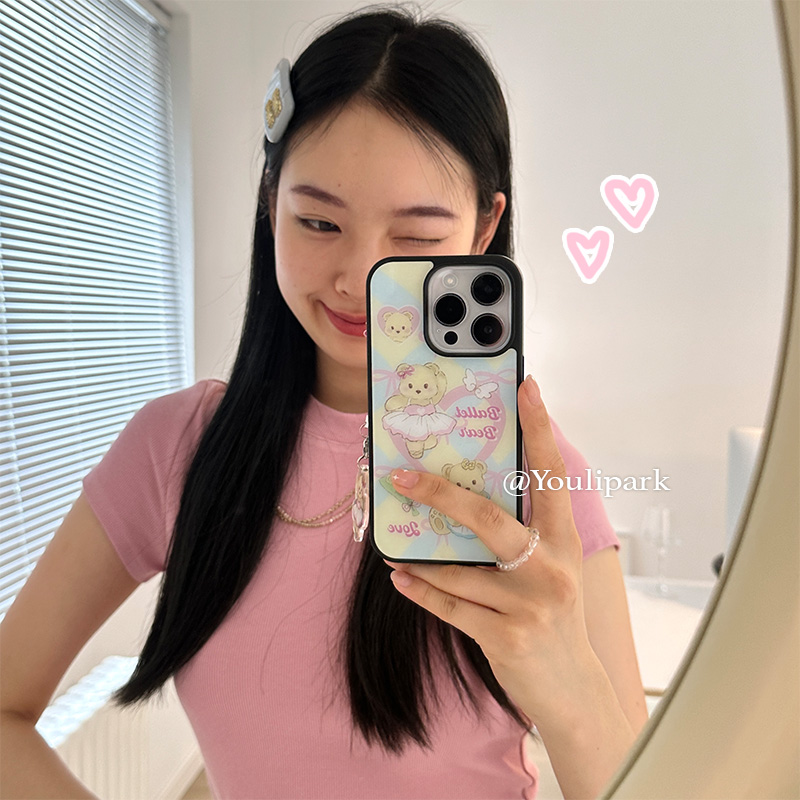 少女可爱奶萌芭蕾小熊亚克力黑边亮面适用苹果15手机壳iPhone14ProMax13Pro12保护11XsMax防摔ins玻璃壳