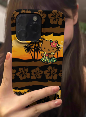 橘黄色椰子林kitty凯蒂猫iphone16Promax适用苹果手机壳15pro韩国ins菲林14小众13原创女12mini可爱11保护套
