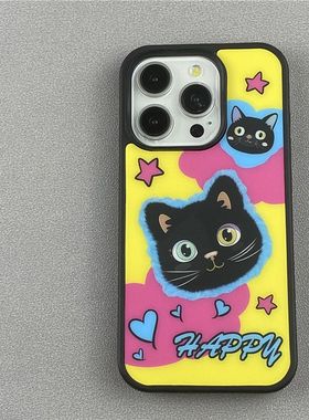 黑色猫咪亚克力黑边亮面磨砂磁吸适用苹果16promax手机壳iPhone15lus14Pro13保护套12防摔ins挂绳硅胶