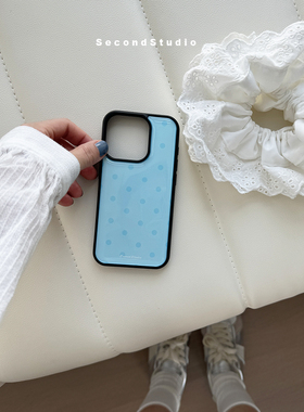 清新蓝色波点亚克力黑边亮面磨砂适用苹果16手机壳iPhone15ProMax14Pro1312mini保护套11XsMax防摔ins风7plus