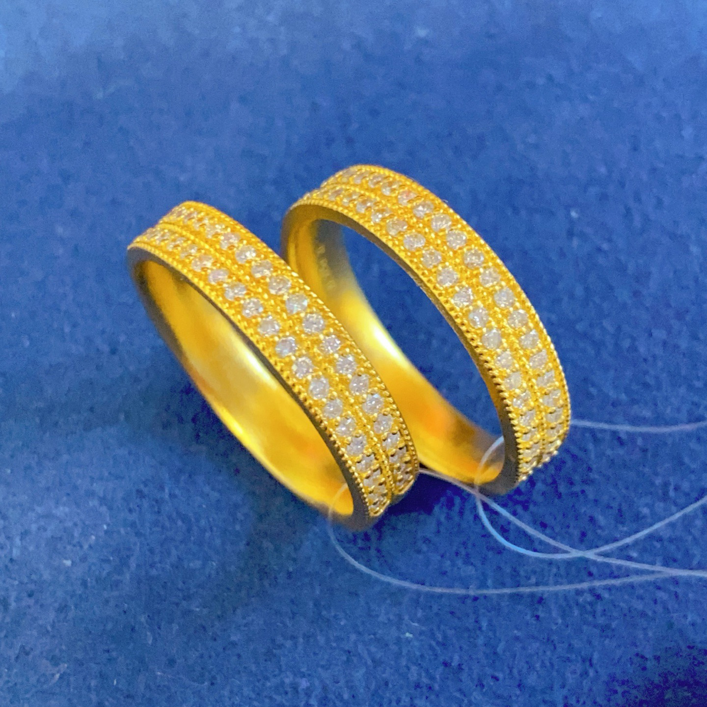 古法黄金点钻戒指女满钻双排戒镶嵌钻石足金情侣黄金对戒