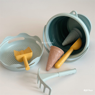 德国出口儿童便携折叠桶赶海挖沙铲耙水桶套装戏水麦秸秆沙滩玩具