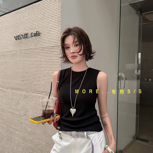More有熊2890休闲风黑色无袖T恤女修身显瘦百搭上衣韩版简约2026