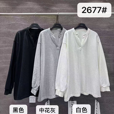 小辫子2677韩式休闲风V领长袖T恤女宽松2026春季纯百搭打底衫上衣