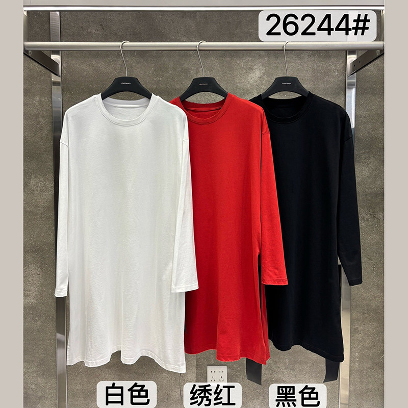 小辫子26244简约中长款开叉短袖T恤女宽松显瘦纯色棉质上衣2026秋