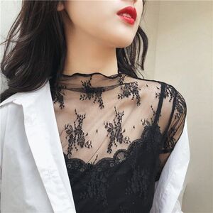 超仙内搭蕾丝打底衫女春秋新款长袖性感镂空网纱上衣半领蕾丝衫