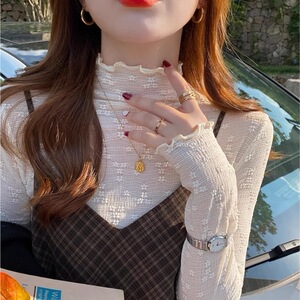 爆款精品秋冬蕾丝打底衫女内搭级感新款半领木耳边小衫薄款上衣