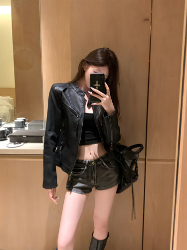 只吃鱼的喵喵喵 美式复古黑色酷性感女特工立领修身机车皮衣外套