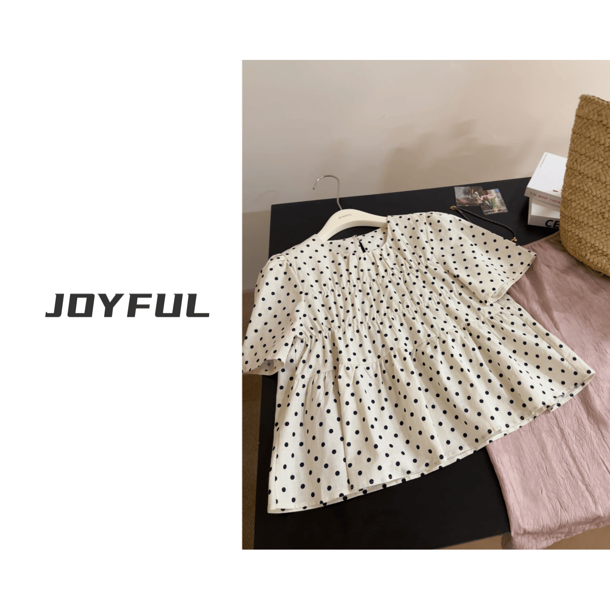LELE-【珍珠奶茶】韩版时尚宽松百搭波点上衣短袖夏季减龄显瘦