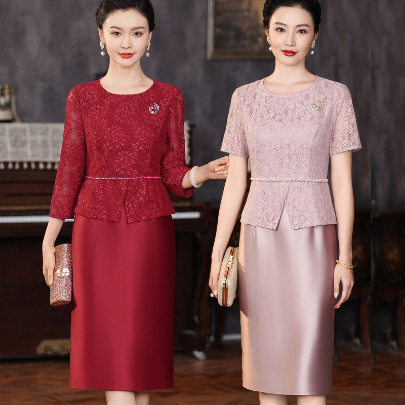 喜婆婆婚宴礼服高贵假两件套夏装气质年轻结婚礼喜妈妈蕾丝连衣裙