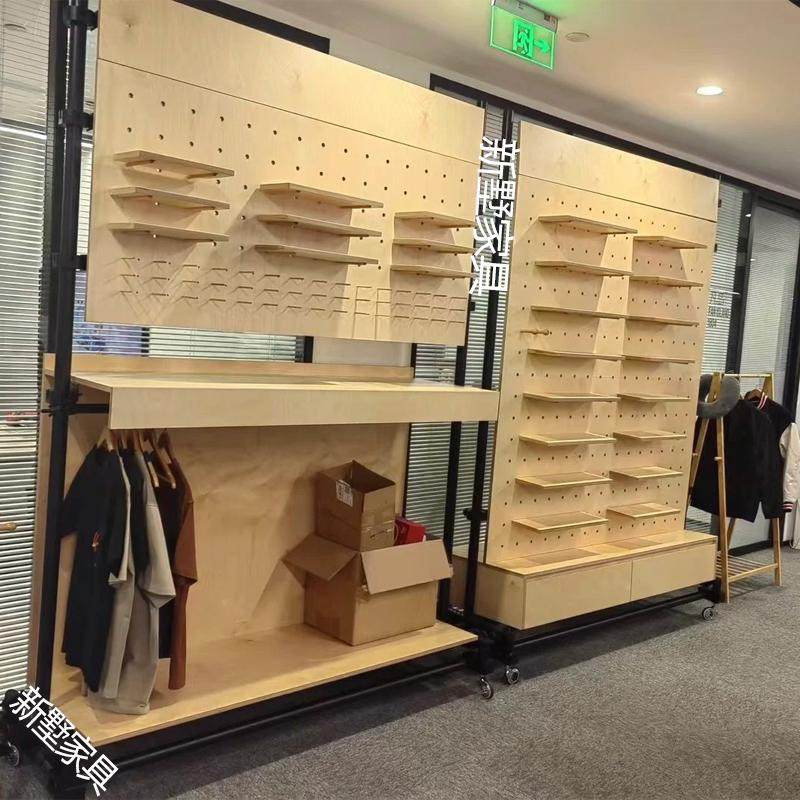 服装店桦木多层板收纳架展示架落地移动挂衣架置物架家用展柜