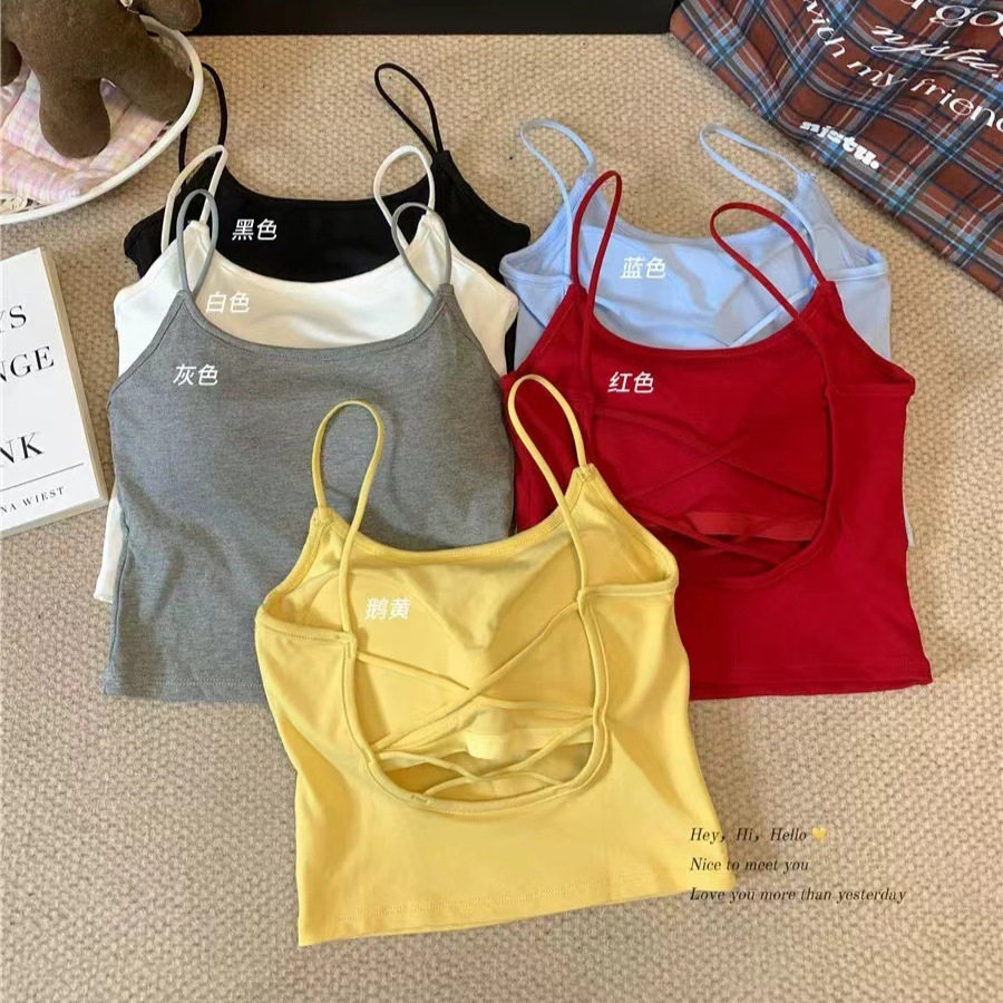 辣妹风彩色吊带背心带胸垫纯棉交叉露背美背修身显瘦外穿上衣703