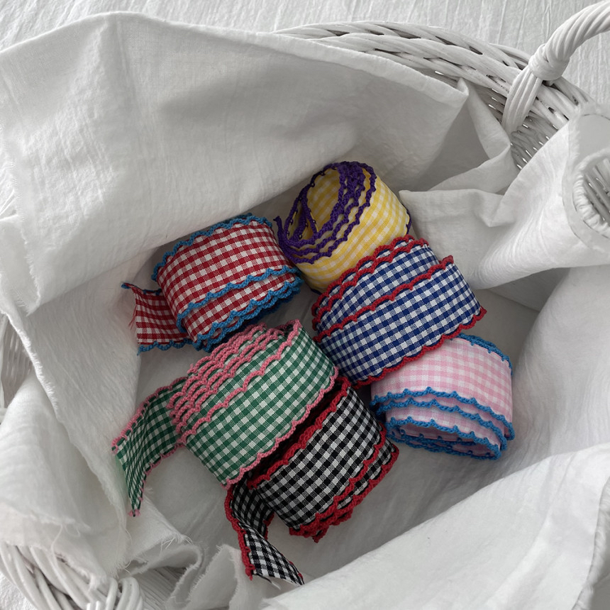 韩国进口撞色勾边小方格织带手工diy儿童发夹发箍耳饰蝴蝶结材料