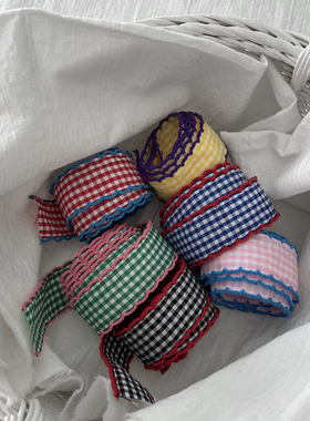 韩国进口撞色勾边小方格织带手工diy儿童发夹发箍耳饰蝴蝶结材料