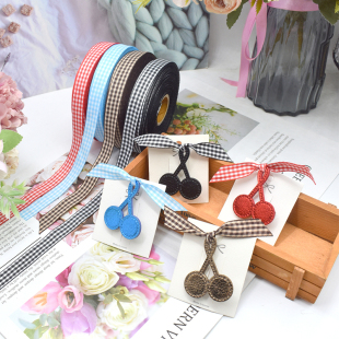 韩国进口珠光皮质厚樱桃装 饰小格织带手工diy蝴蝶结发夹胸针材料