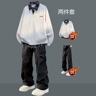 潮牌男生秋冬季休闲套装格子领加绒卫衣初高中学生显高加厚两件套