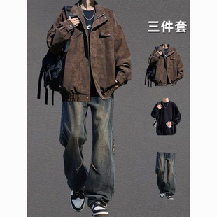 春秋季皮夹克外套男款搭配高街牛仔裤一套男士美式复古休闲套装潮