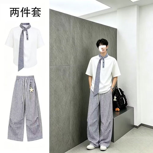 格子领带航海系短袖P0L0衫男女设计感T恤套装夏季格子弯刀休闲裤
