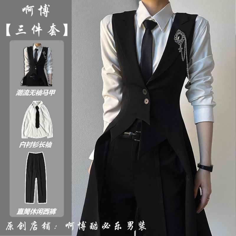 2025夏季新款黑色西装长马甲修身收腰戗驳领燕尾拖尾西服马夹制服