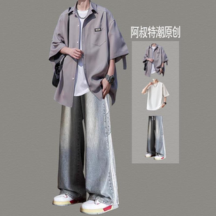 青少年套装短袖衬衫男夏季新款港风痞帅学生搭一整套牛仔裤两件套
