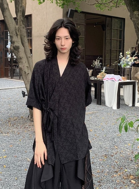 新中式复古小众提花肌理感短袖衬衫男女夏季镂空设计拼接绑带外套