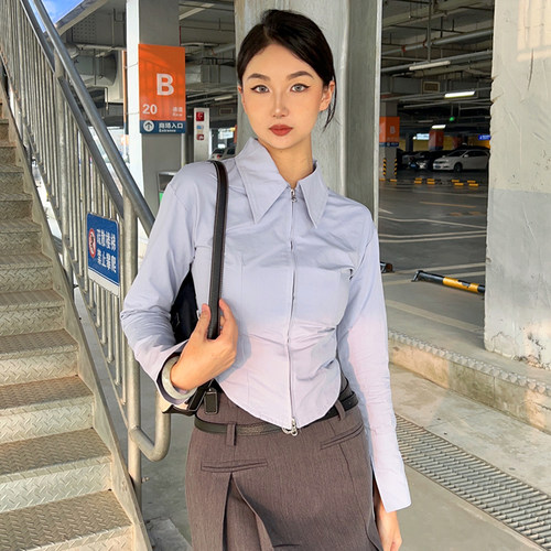 翻领双拉链弧形下摆长衬衫