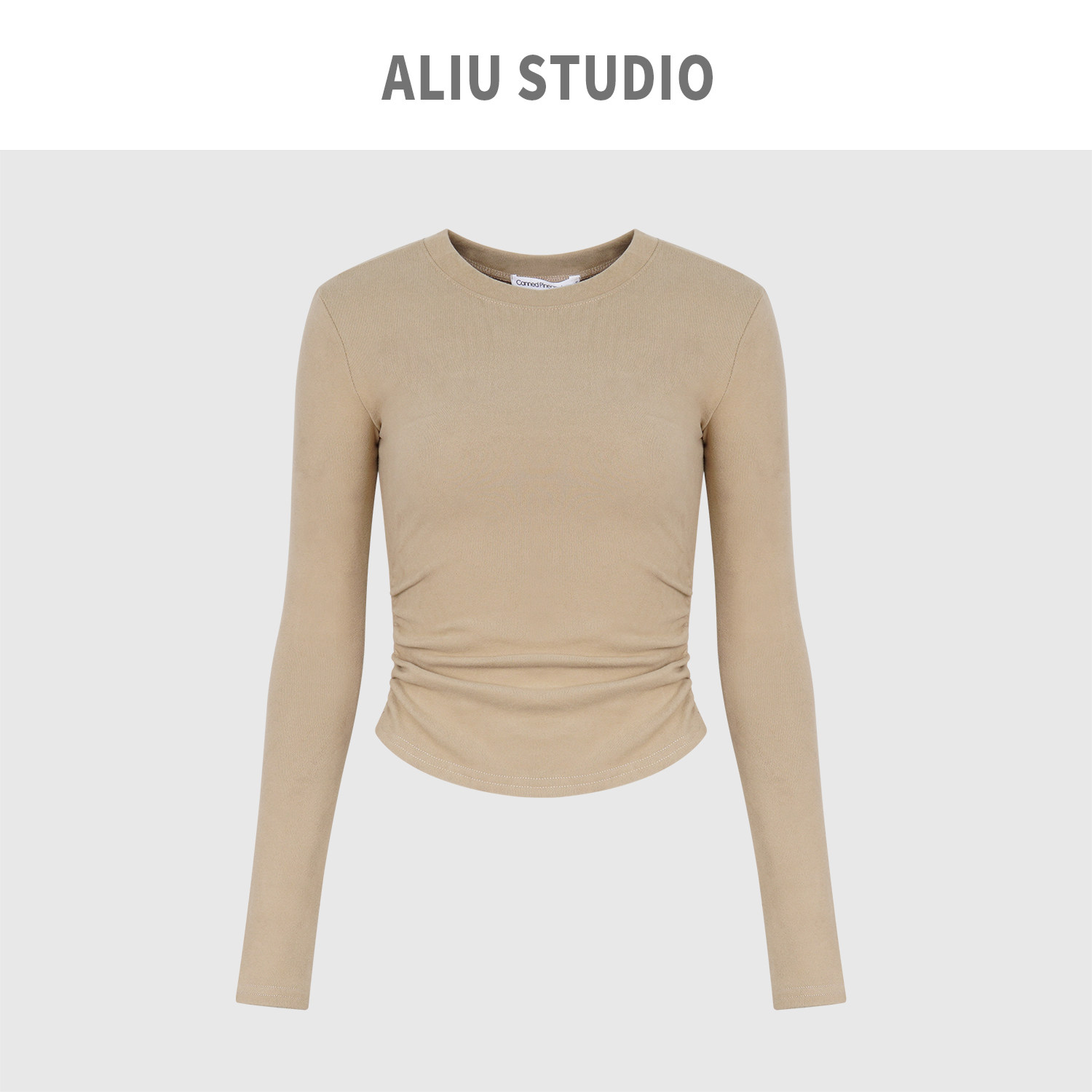 Aliu studio 掐腰斩男性感辣妹褶皱打底衫短款上衣女加绒圆领T恤