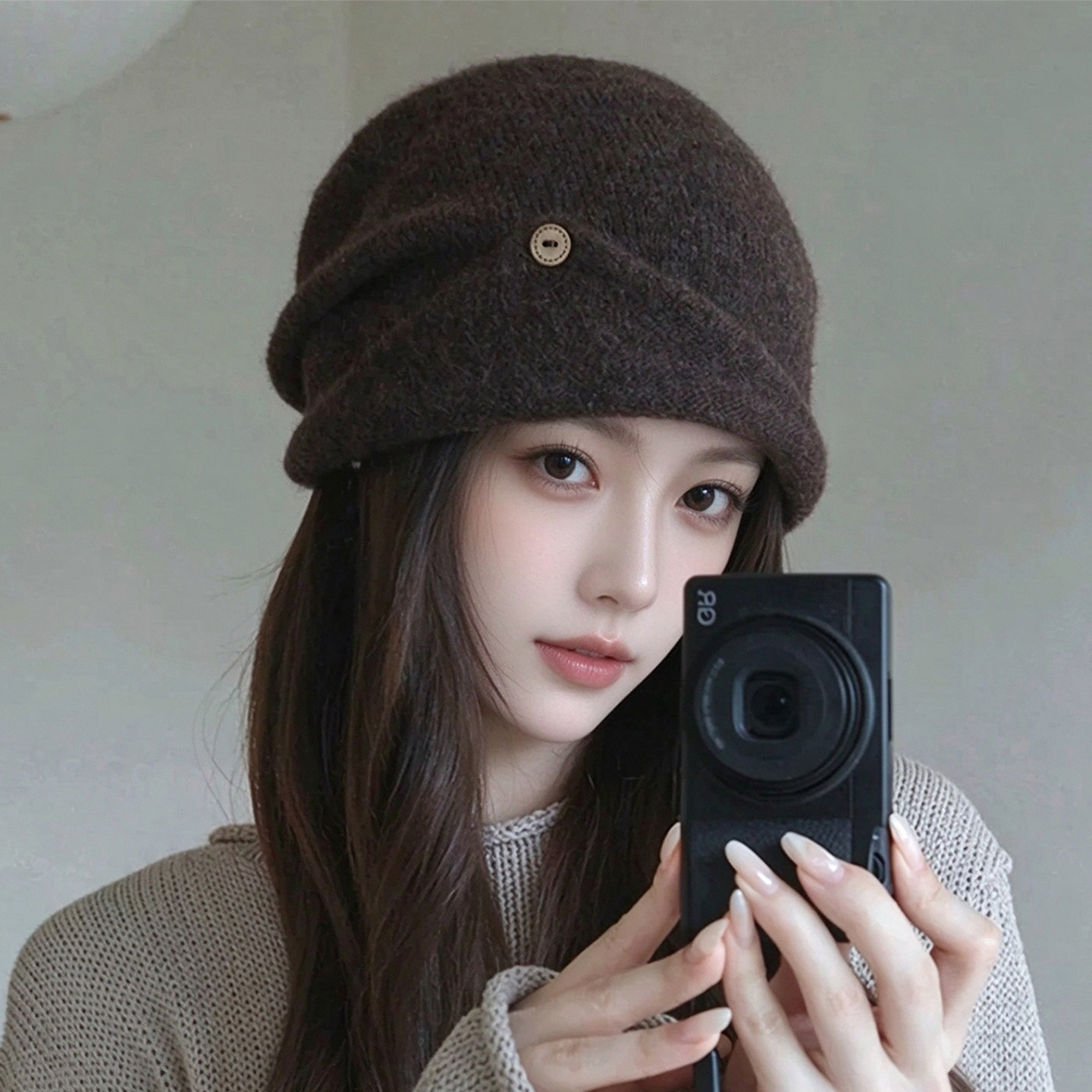 复古纽扣褶皱保暖堆堆帽女秋冬