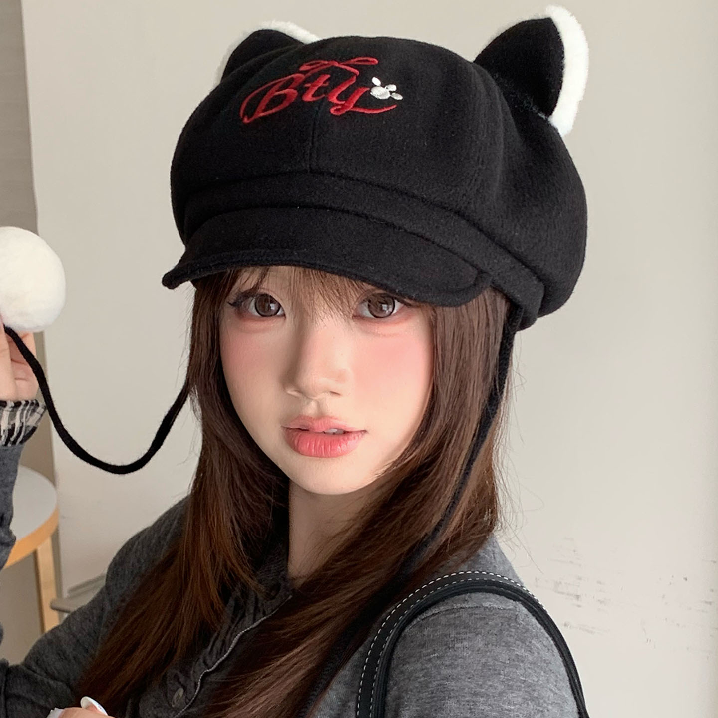 秋冬保暖猫耳显脸小八角帽女