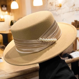 法式复古优雅黑色平顶毛呢礼帽女秋冬英伦风百搭名媛宽檐爵士帽男