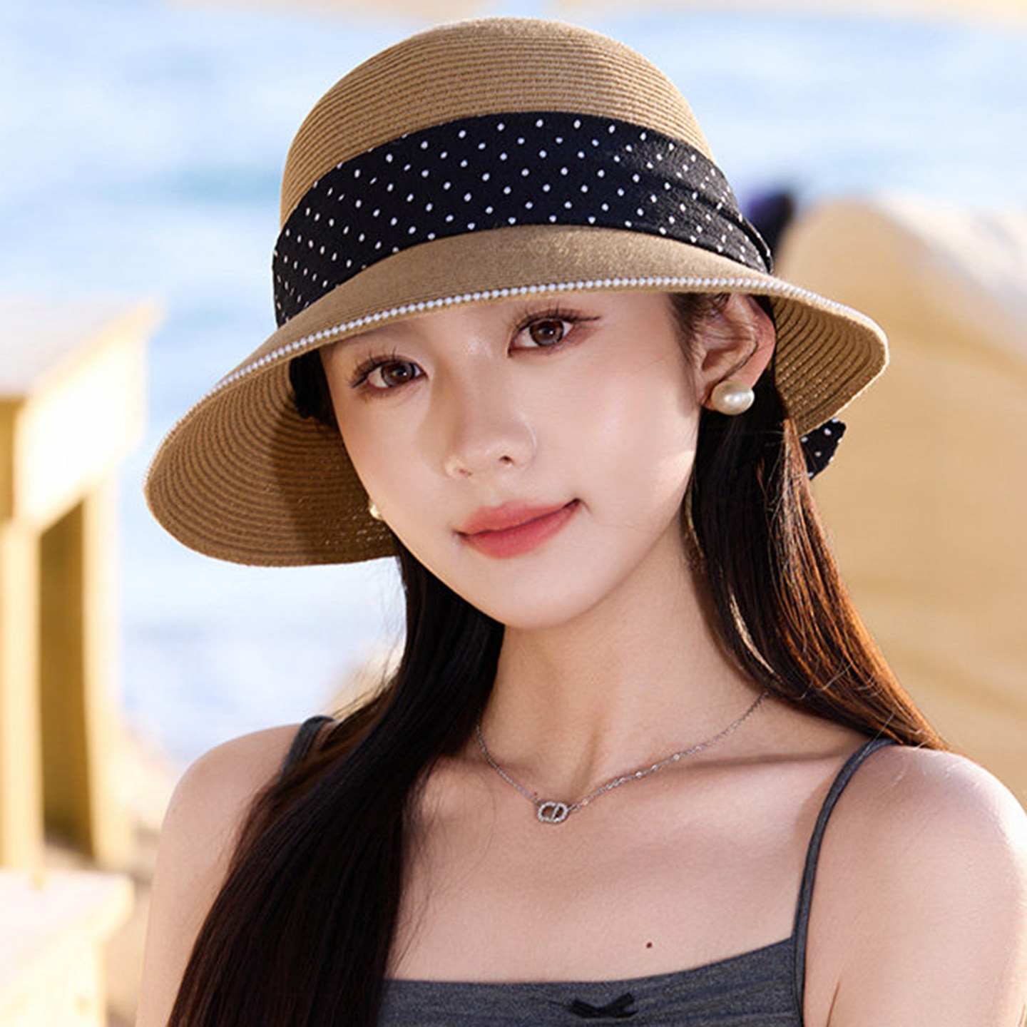 夏季女款蝴蝶结绑带草编防晒帽