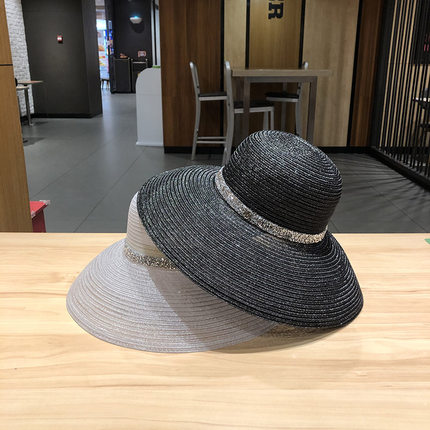 帽子女大檐镶钻M标海边沙滩帽防晒遮阳夏季出游镂空百搭潮太阳帽