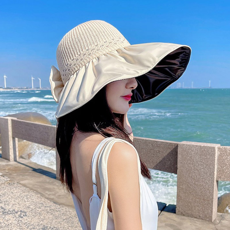 夏季日本UV黑胶蝴蝶结渔夫帽子女防紫外线大檐户外遮脸百搭防晒帽