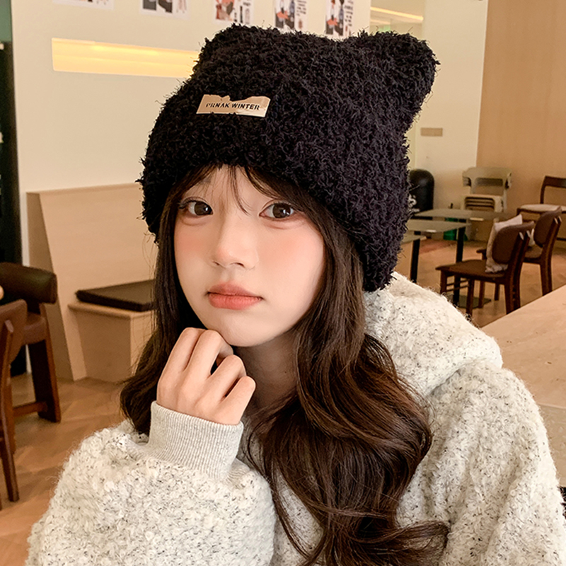 冬季毛茸茸帽子女甜美可爱猫耳朵设计加绒加厚百搭显脸小防寒保暖