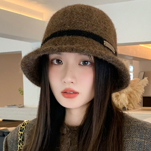针织毛绒渔夫帽子女2026秋冬季新款宽檐遮脸高级感日系防寒盆帽潮